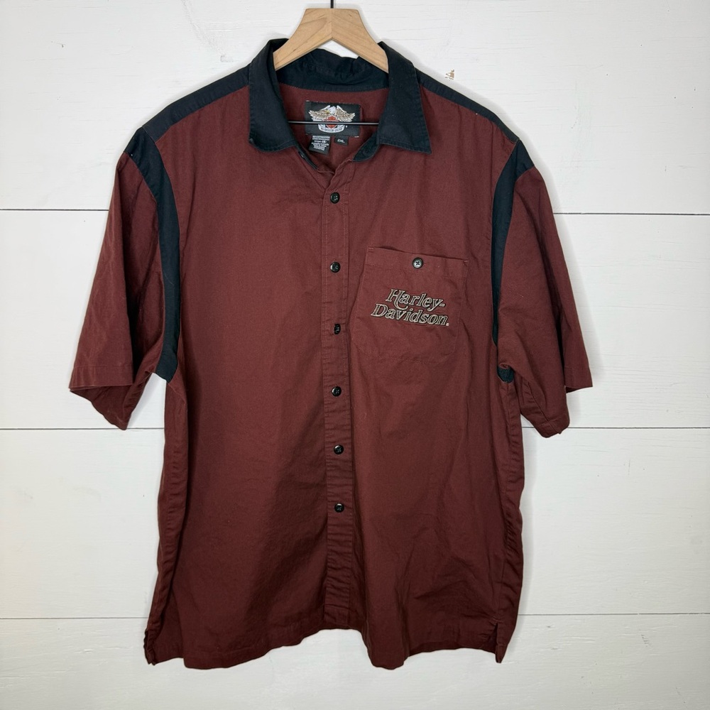 Harley-Davidson • Burgundy and Black Button Down Short Sleeve Bowling Shirt 2XL